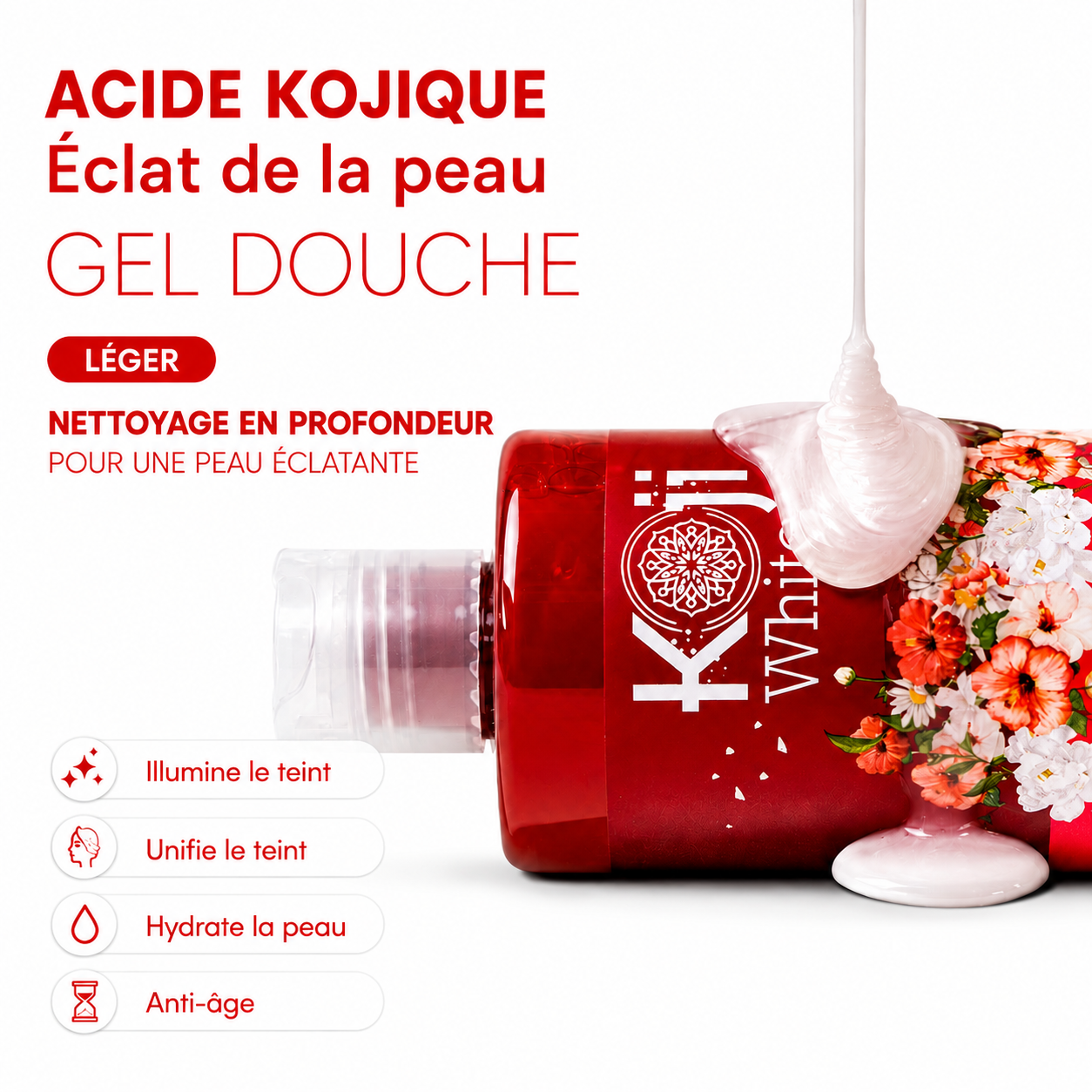 Gel douche clarifiant pour le corps à l'acide kojique