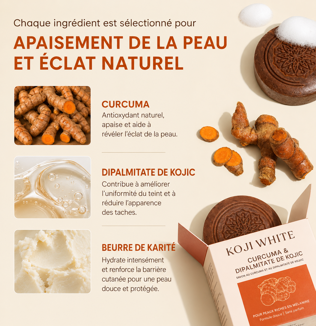 Savon au curcuma et à l'acide kojique