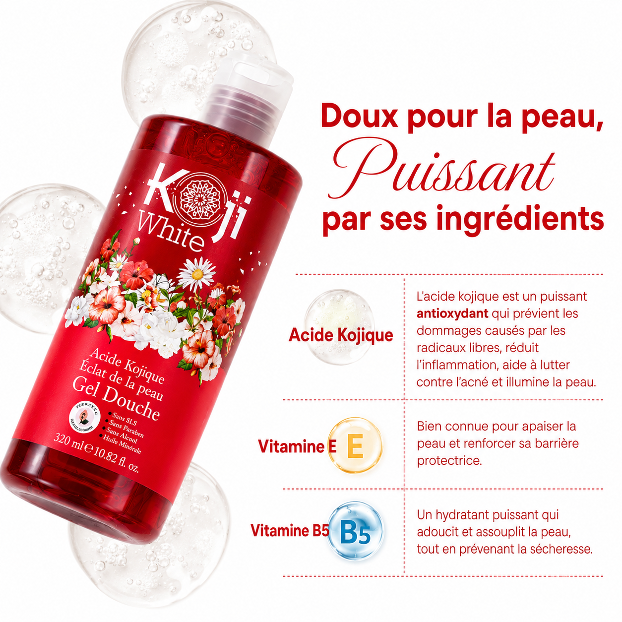 Gel douche clarifiant pour le corps à l'acide kojique