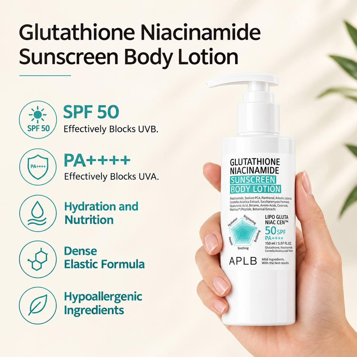 Lotion corporelle solaire Glutathion & Niacinamide SPF 50 - APLB